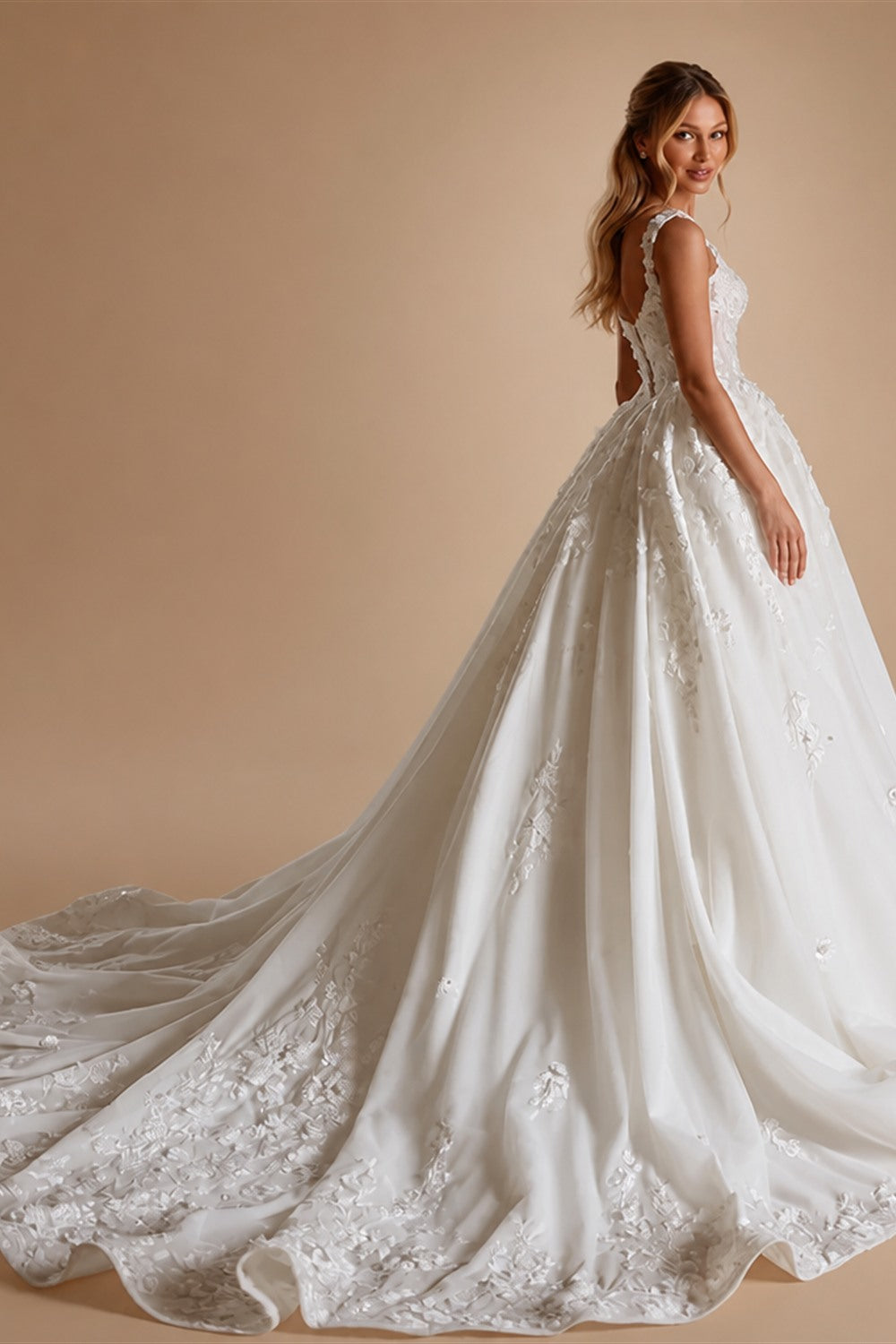 Backless Custom Made Lace A Line Spaghetti Strap Tulle Wedding Dress
