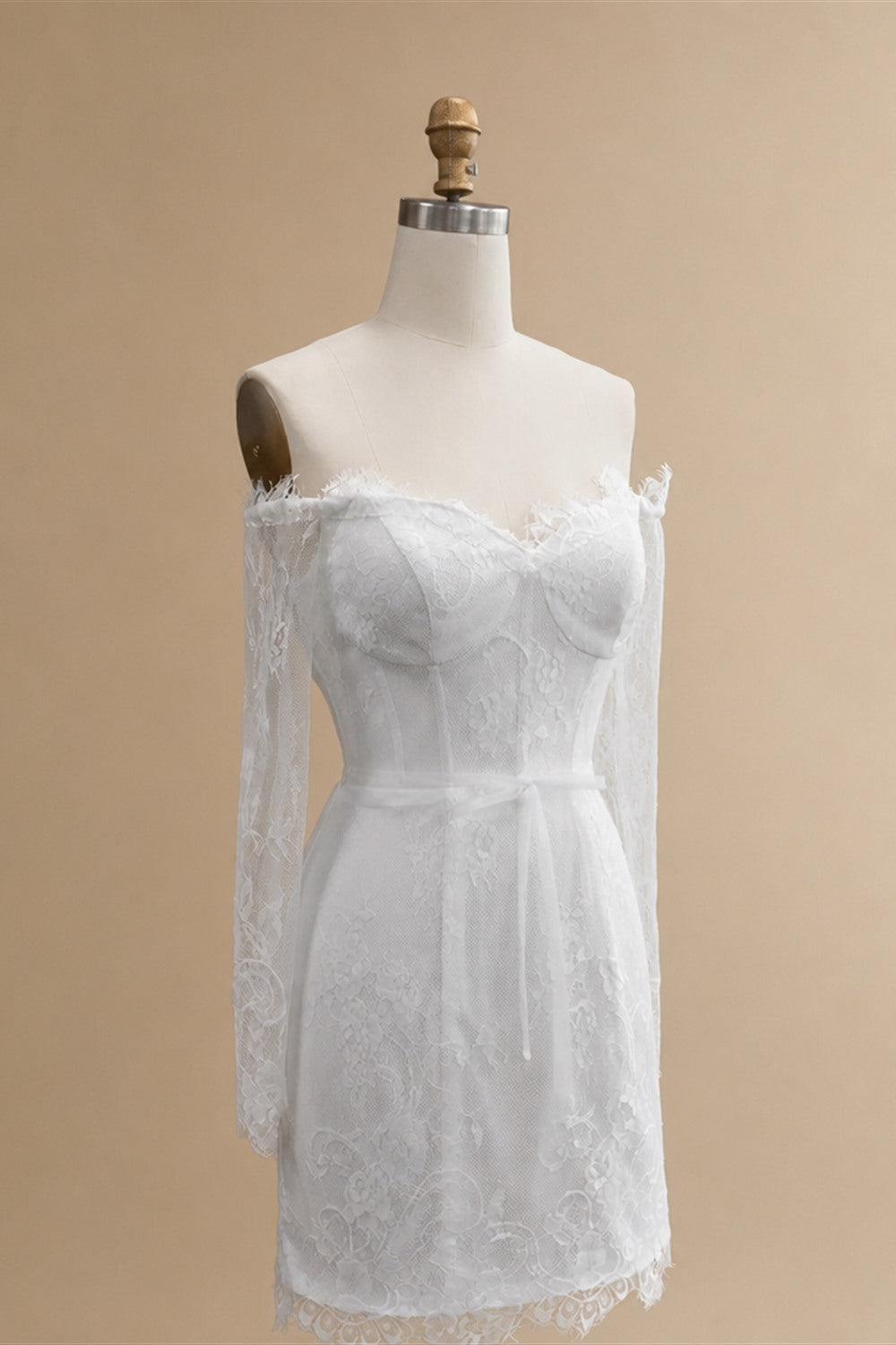 Luxury Ivory Off-the-Shoulder Long Sleeve Lace Mini Wedding Dress ZP134