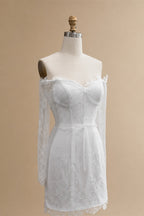 Luxury Ivory Off-the-Shoulder Long Sleeve Lace Mini Wedding Dress ZP134