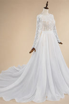 Glamorous White Long Sleeve Lace Wedding Dress with Removable Chiffon Overlay ZP058