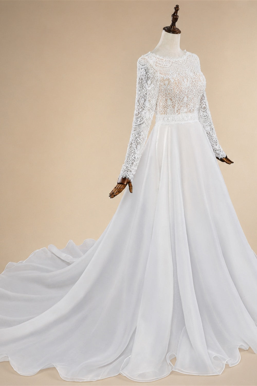 Glamorous White Long Sleeve Lace Wedding Dress with Removable Chiffon Overlay ZP058