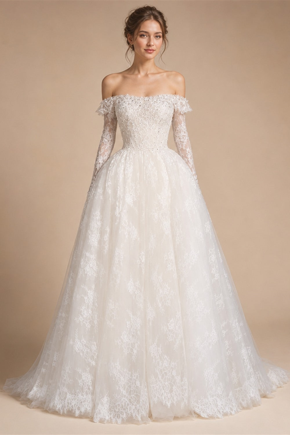 White Lace and Tulle Ball Gown Wedding Dress Off the Shoulder Beaded Bridal Dress ZP013