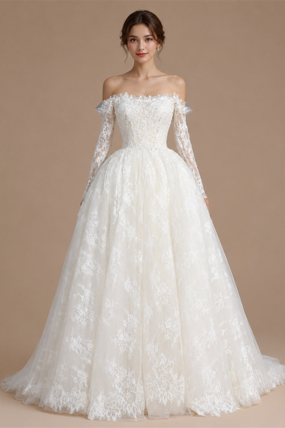 White Lace and Tulle Ball Gown Wedding Dress Off the Shoulder Beaded Bridal Dress ZP013