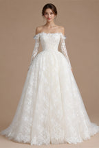 White Lace and Tulle Ball Gown Wedding Dress Off the Shoulder Beaded Bridal Dress ZP013