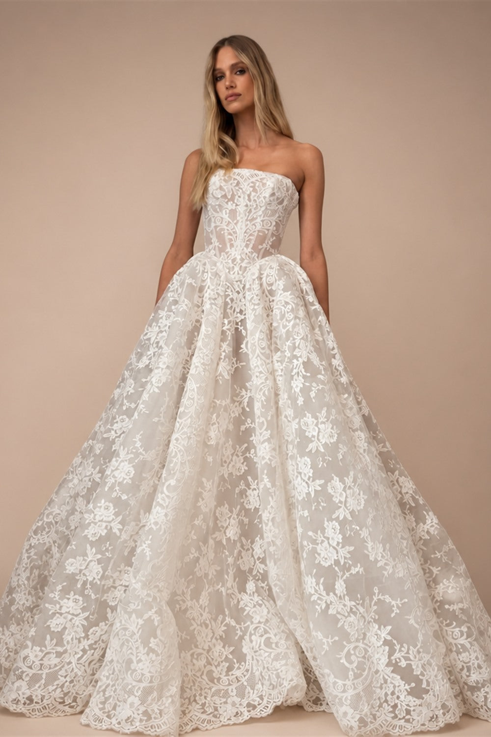 Glamorous White Strapless Floral Lace Wedding Dress with Veil ZP095