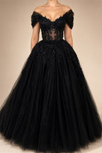 Black Luxury Gothic Wedding Dress  Sheer Corset 3D Floral Tulle  ZP027