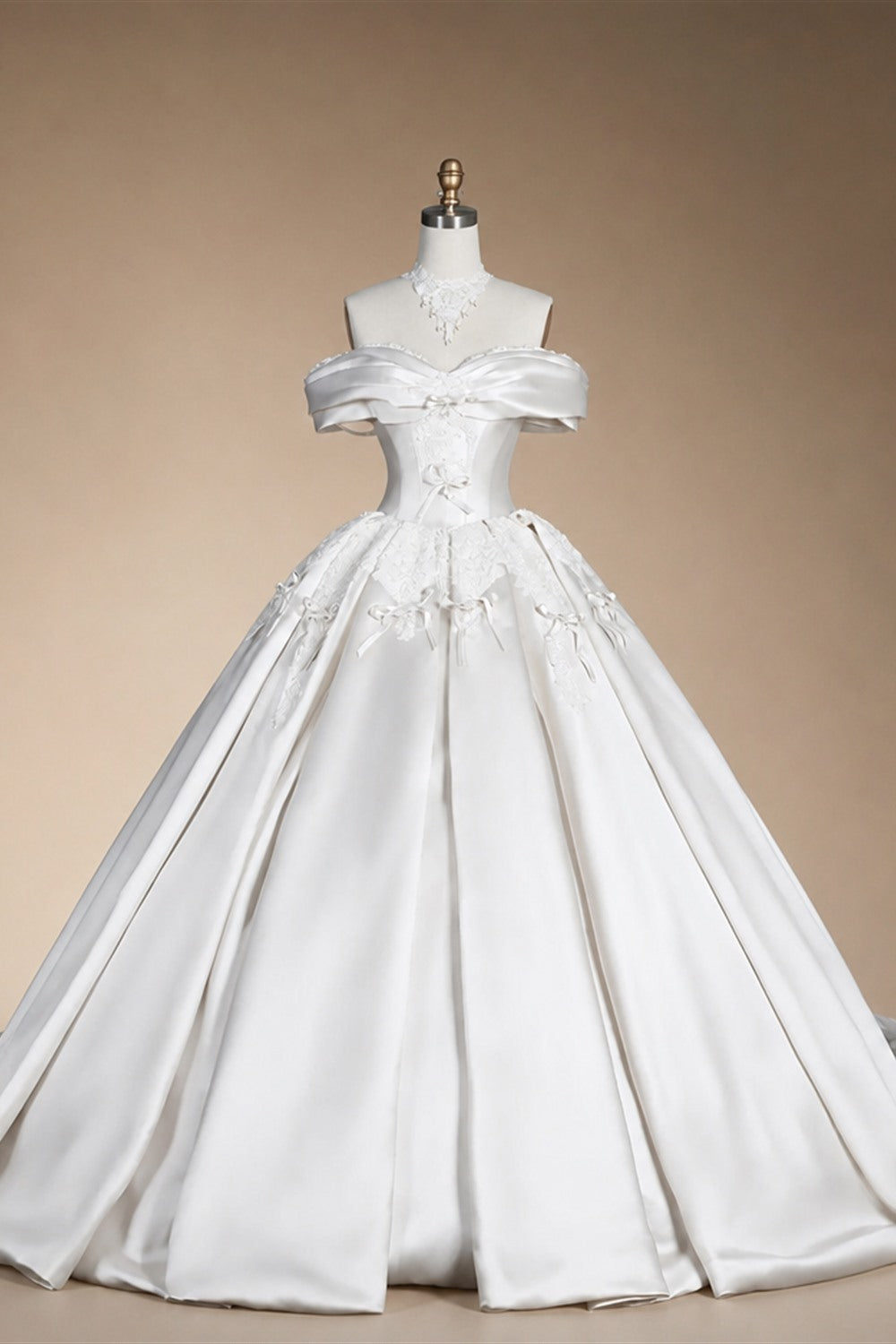 Off the Shoulder White Satin Ball Gown Flower Girl Dress with Long Cathedral Train ZP017