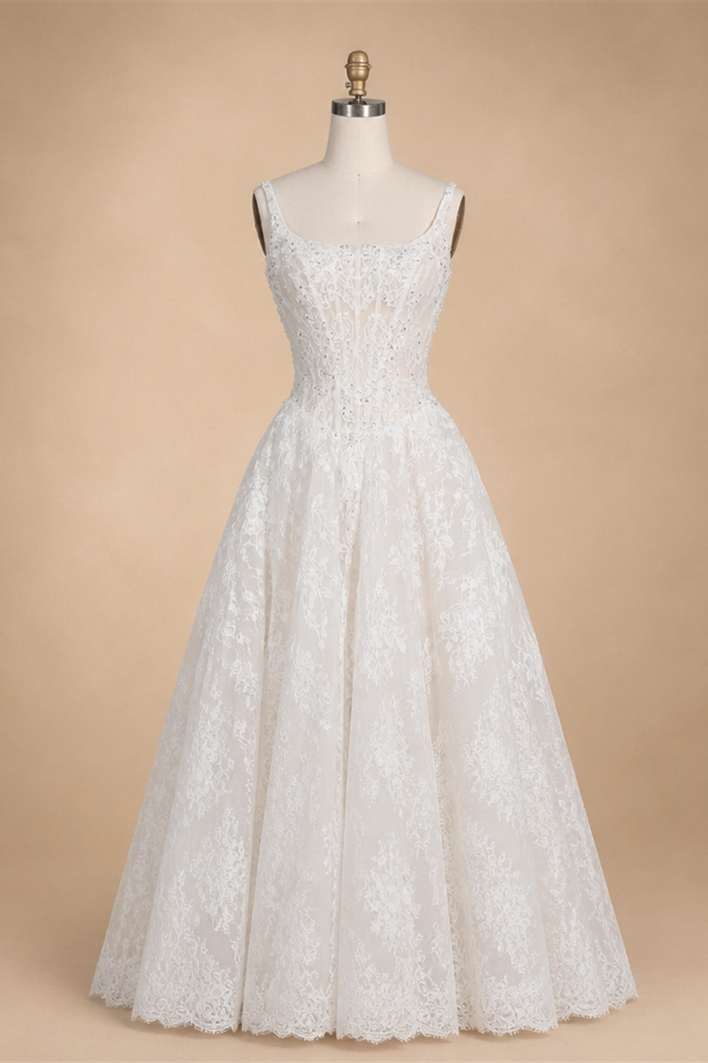 White Lace Spaghetti Strap Bridal Gown Square Neck Beaded Corset Ball Gown ZP012