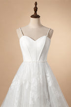 Elegant White Spaghetti Strap Satin Bodice Lace Tulle Wedding Dress with Train ZP065
