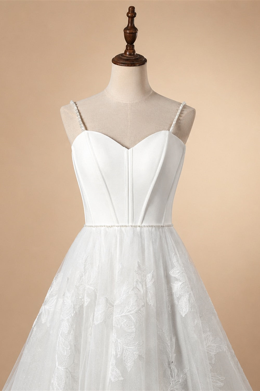 Elegant White Spaghetti Strap Satin Bodice Lace Tulle Wedding Dress with Train ZP065