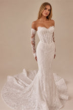 Alonlivn Customize Made Beauty Lace Fitted Beaded 2 In 1 Mermaid Wedding Gowns Trumpet Removable Train Bridal Gowns