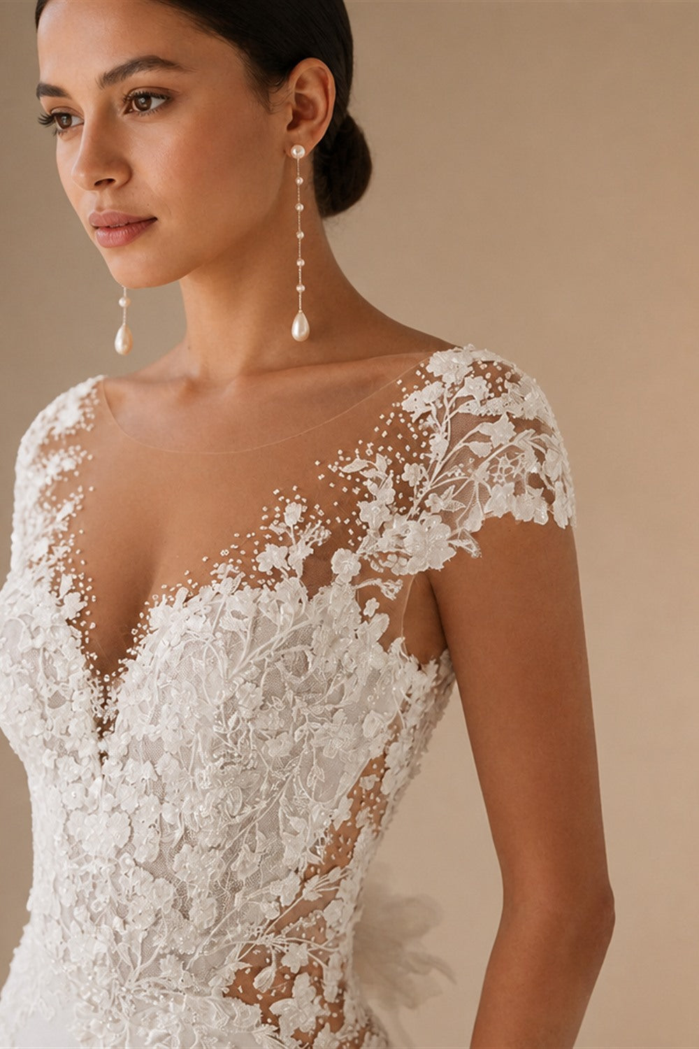 RoyceBridal Cap Sleeve Lace Mermaid Wedding Dress Low Back 3D Floral Appliques Bridal GownVestido De Novia Boda Customized