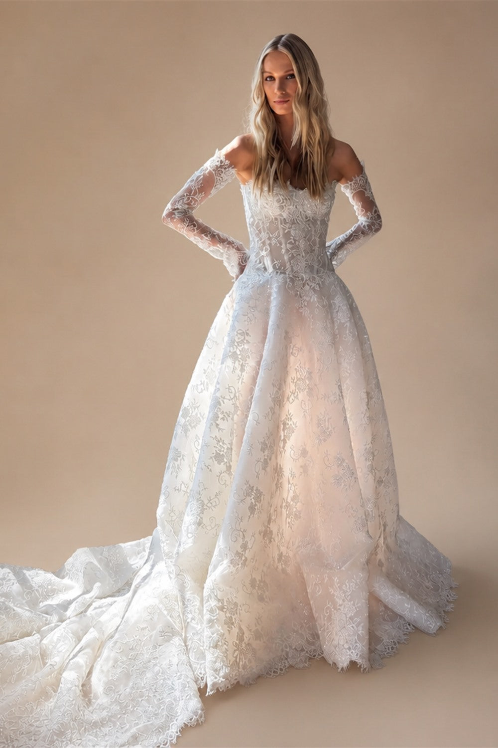 Regal White Off-the-Shoulder Long Sleeve Lace Ball Gown Wedding Dress ZP087