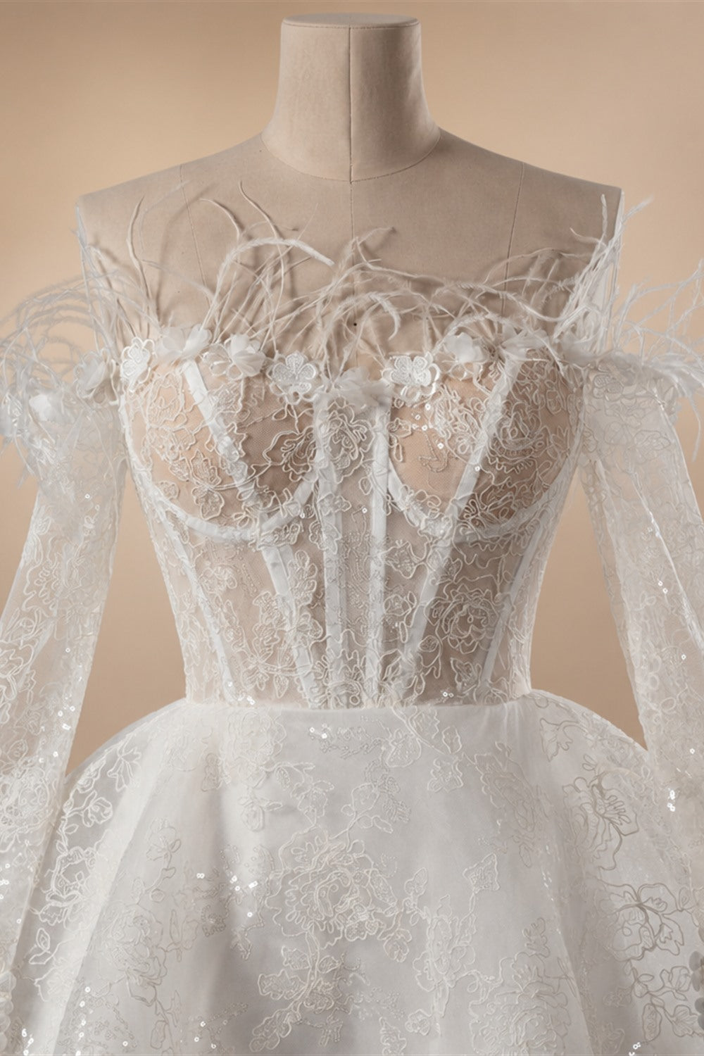 Elegant White Off-Shoulder Feather Lace Corset Mini Wedding Dress ZP061