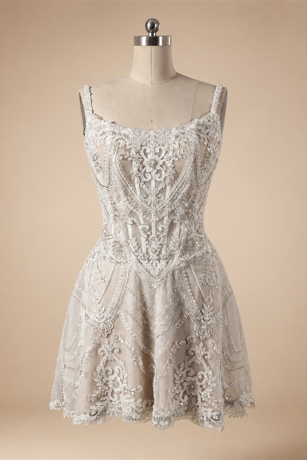 Luxury Ivory Beaded Lace Short Wedding Dress with Lace-Up Corset Back ZP059