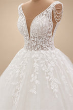 Custom Beaded V Neck Wedding Dress With Tassel And Lace Up Back