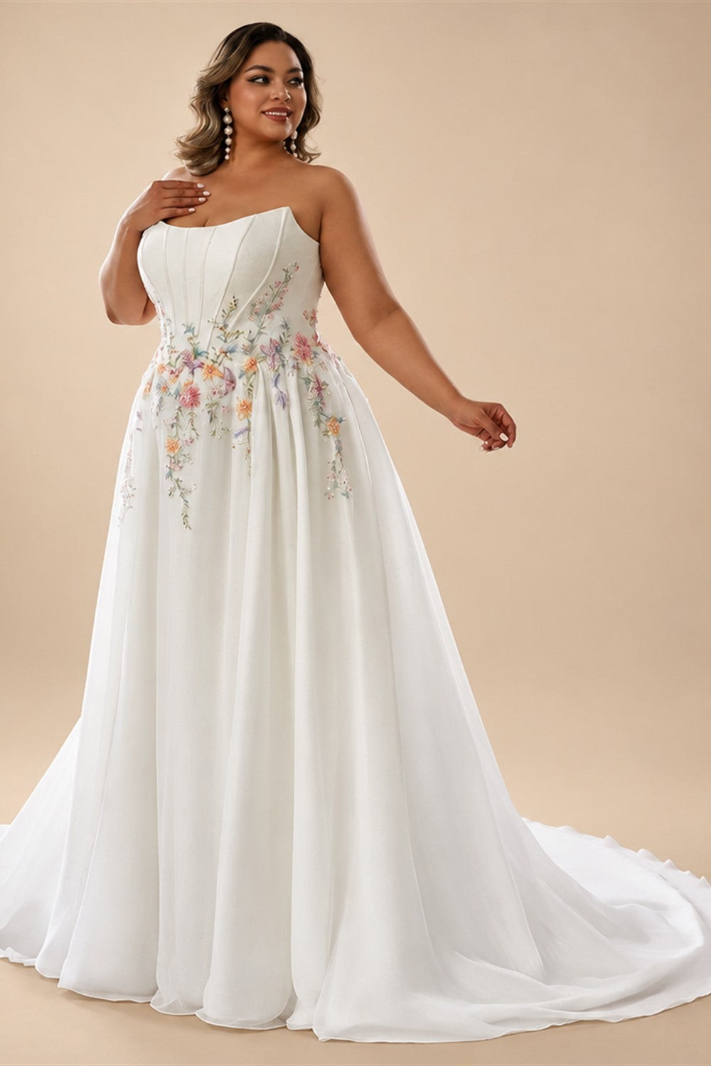 Custom Made Plus Size Strapless Wedding Gown With Lace Appliques