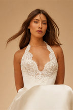 Luxury Spaghetti Strap V-Neck Lace Satin A-Line Wedding Dress with Veil ZP040