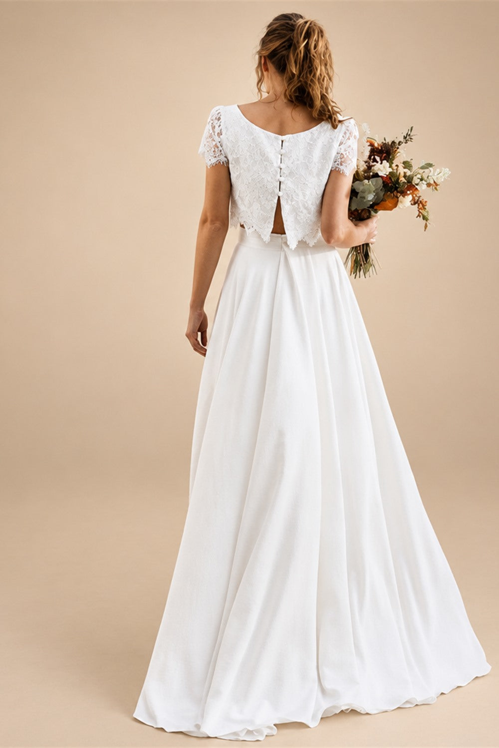 Wedding Dresses Lace A Line Two Piece Chiffon Half Sleeve High Low