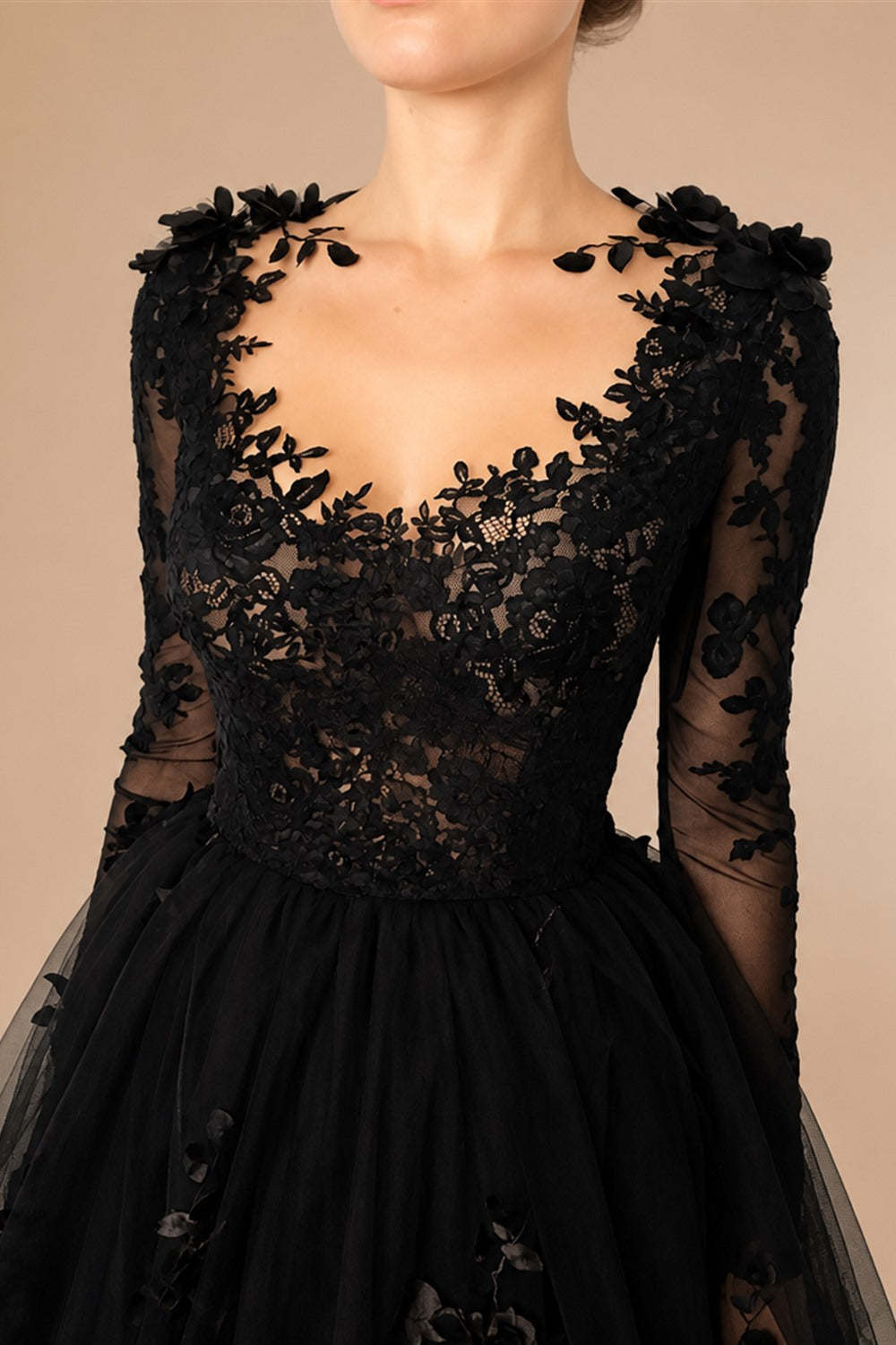 Black Luxury Gothic Wedding Dress 3D Floral Lace Tulle Sweep Train ZP026