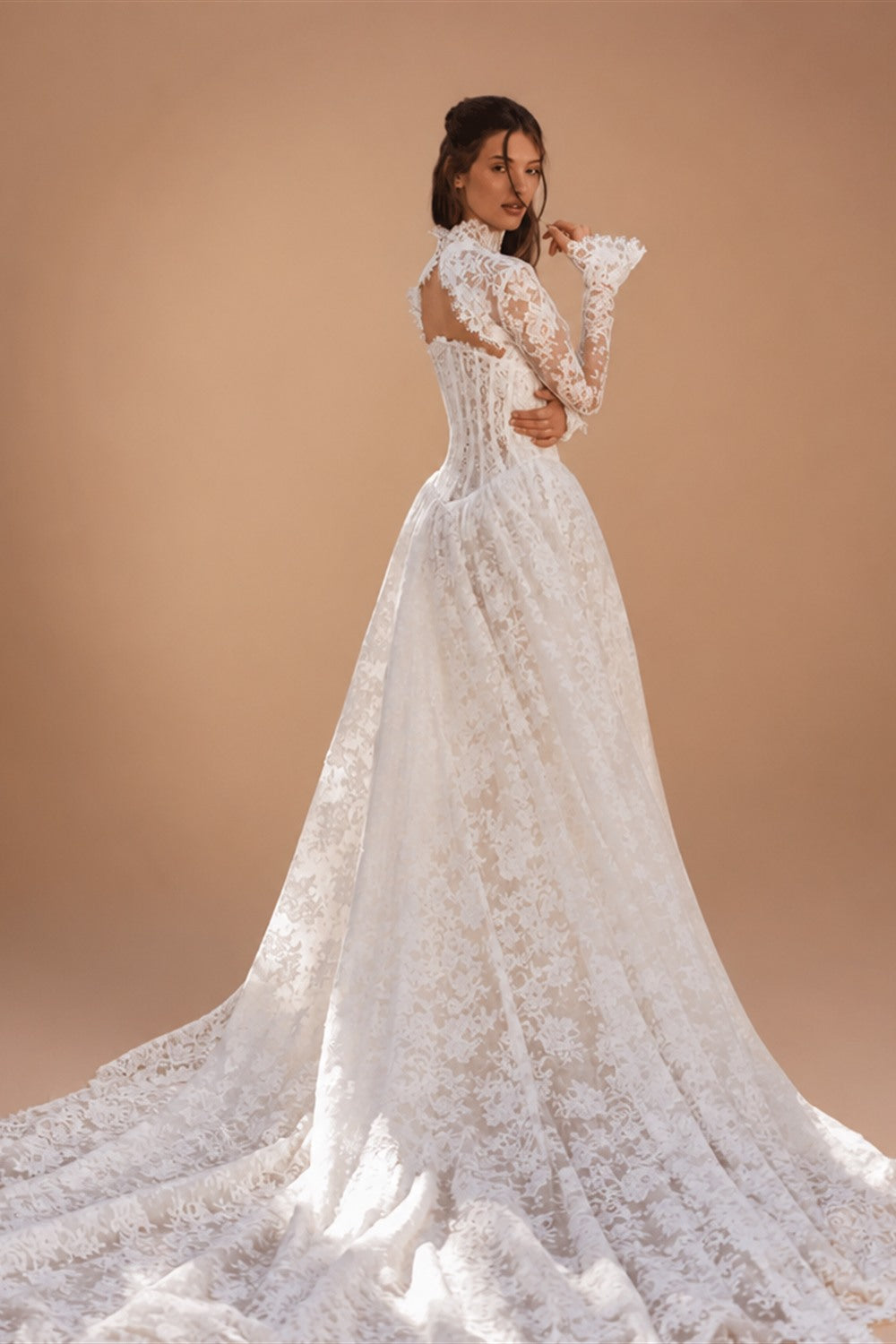 Vintage Ivory High Neck Long Sleeve Lace Backless Ball Gown Wedding Dress ZP131