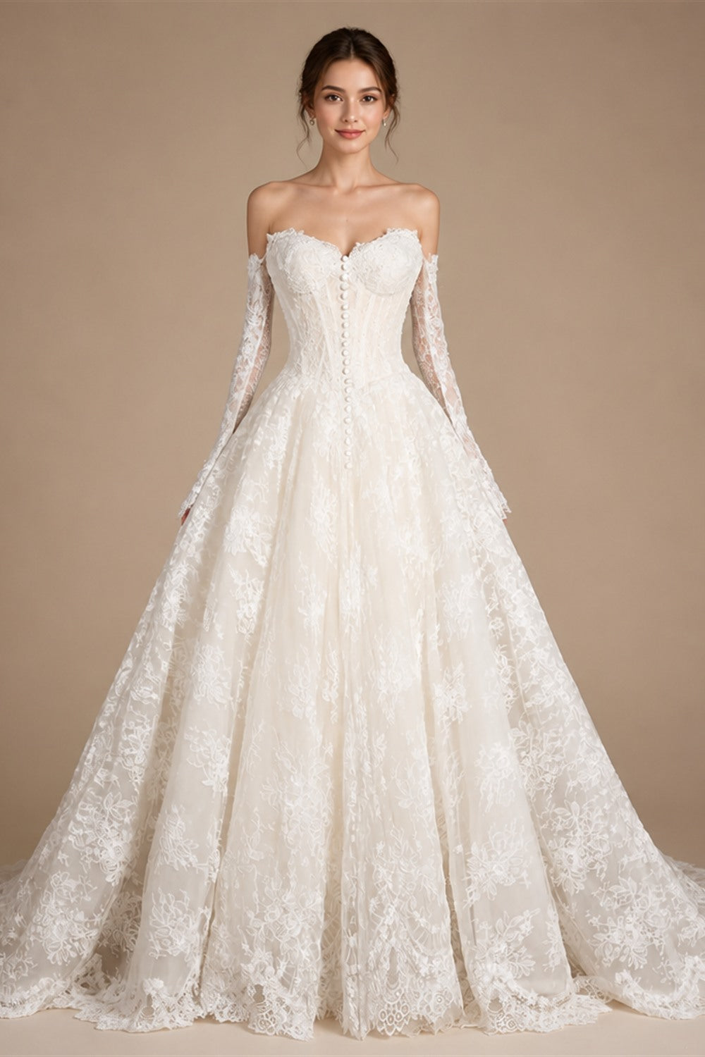 White Floral Lace Ball Gown Wedding Dress with Sweetheart Neckline and Detachable Long Sleeves ZP015