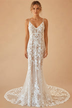 Custom Made Champagne Lace Mermaid Wedding Dress With Spaghetti Straps