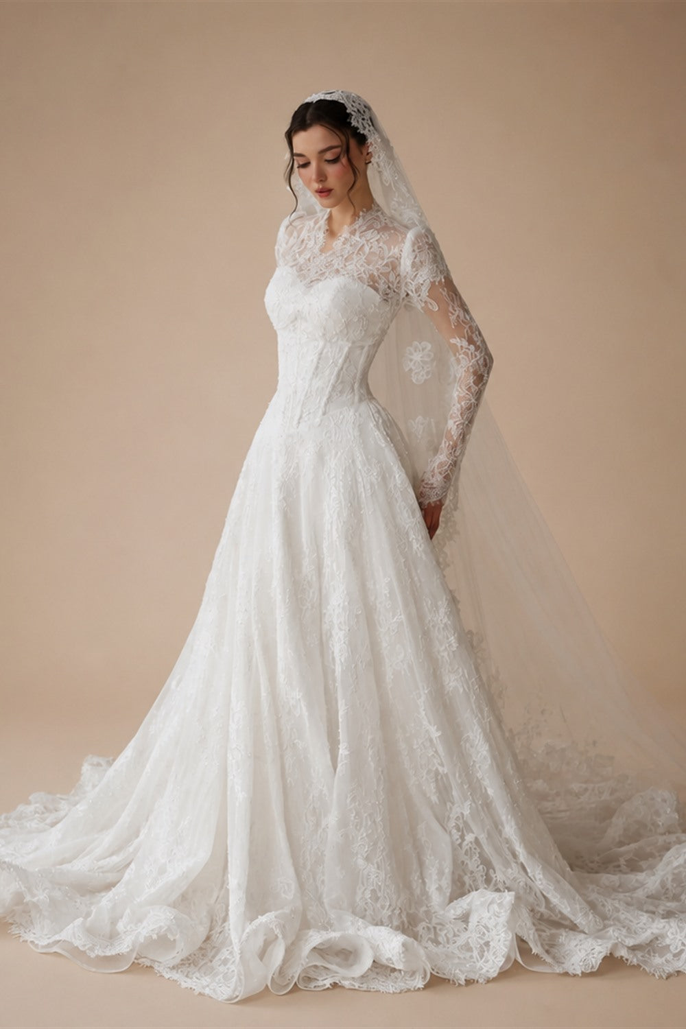 Romantic White Lace Long Sleeve A-Line Wedding Dress with Veil ZP109