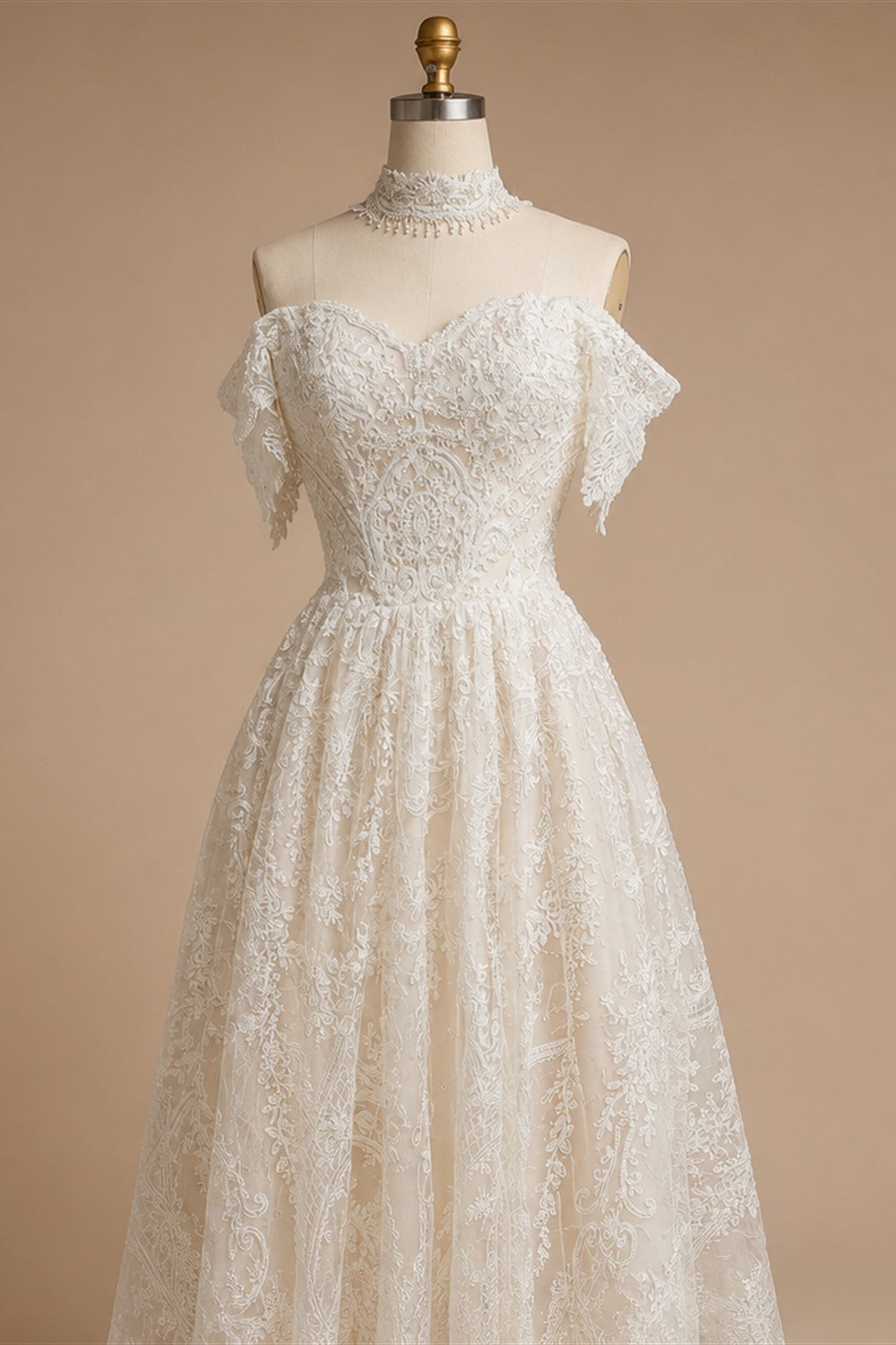 Off White Elegant Lace Pearl Embroidery Ball Gown Wedding Dress ZP168
