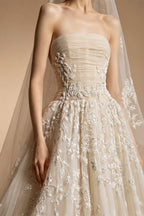 Romantic Champagne Strapless Floral Lace Tulle A-Line Wedding Dress with Veil ZP084