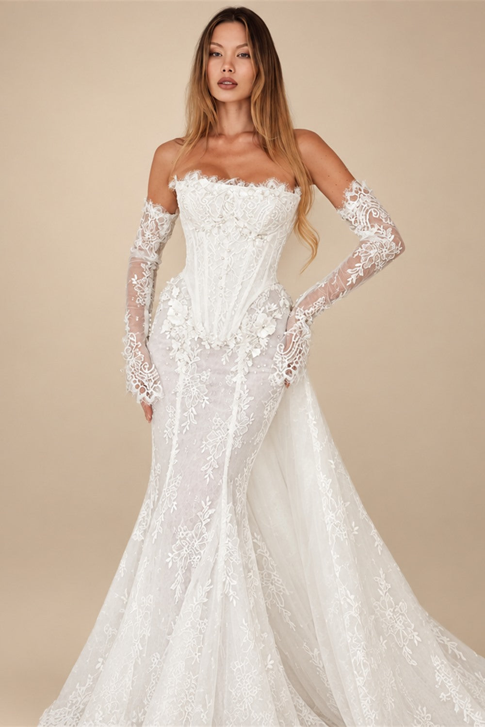 White Lace Applique Corset Bridal Gown with Cathedral Train ZP204