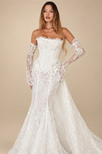 White Lace Applique Corset Bridal Gown with Cathedral Train ZP204