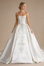 White Satin Strapless Ball Gown Wedding Dress with Luxurious Beaded Lace and Cathedral Train ZP016