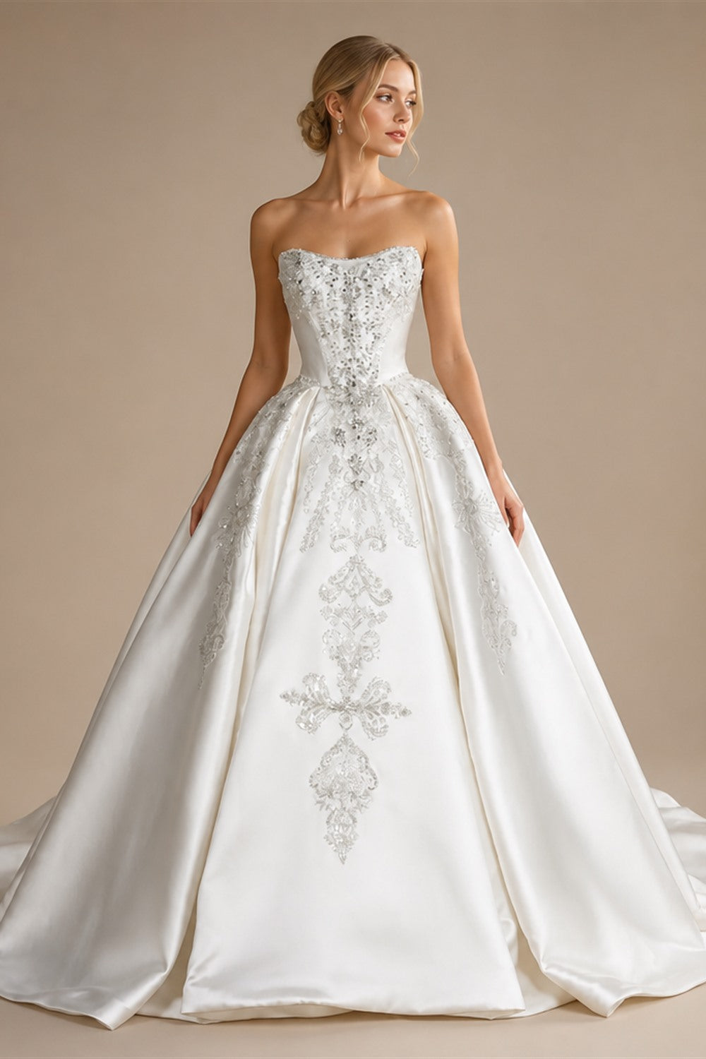 White Satin Strapless Ball Gown Wedding Dress with Luxurious Beaded Lace and Cathedral Train ZP016