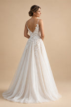 Spaghetti Strap V-Neck Lace Wedding Dress with Leaf Embroidery | ZapDress