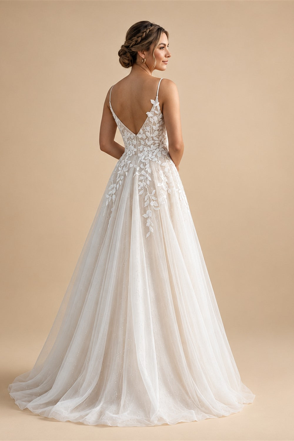 Spaghetti Strap V-Neck Lace Wedding Dress with Leaf Embroidery | ZapDress