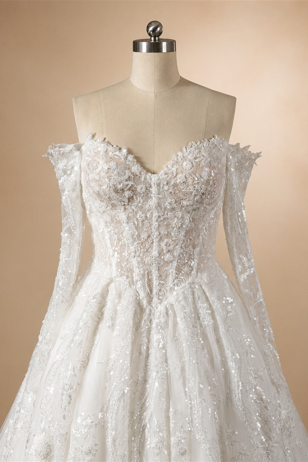 Luxury White Off-the-Shoulder Long Sleeve Lace Tulle Ball Gown Wedding Dress ZP068