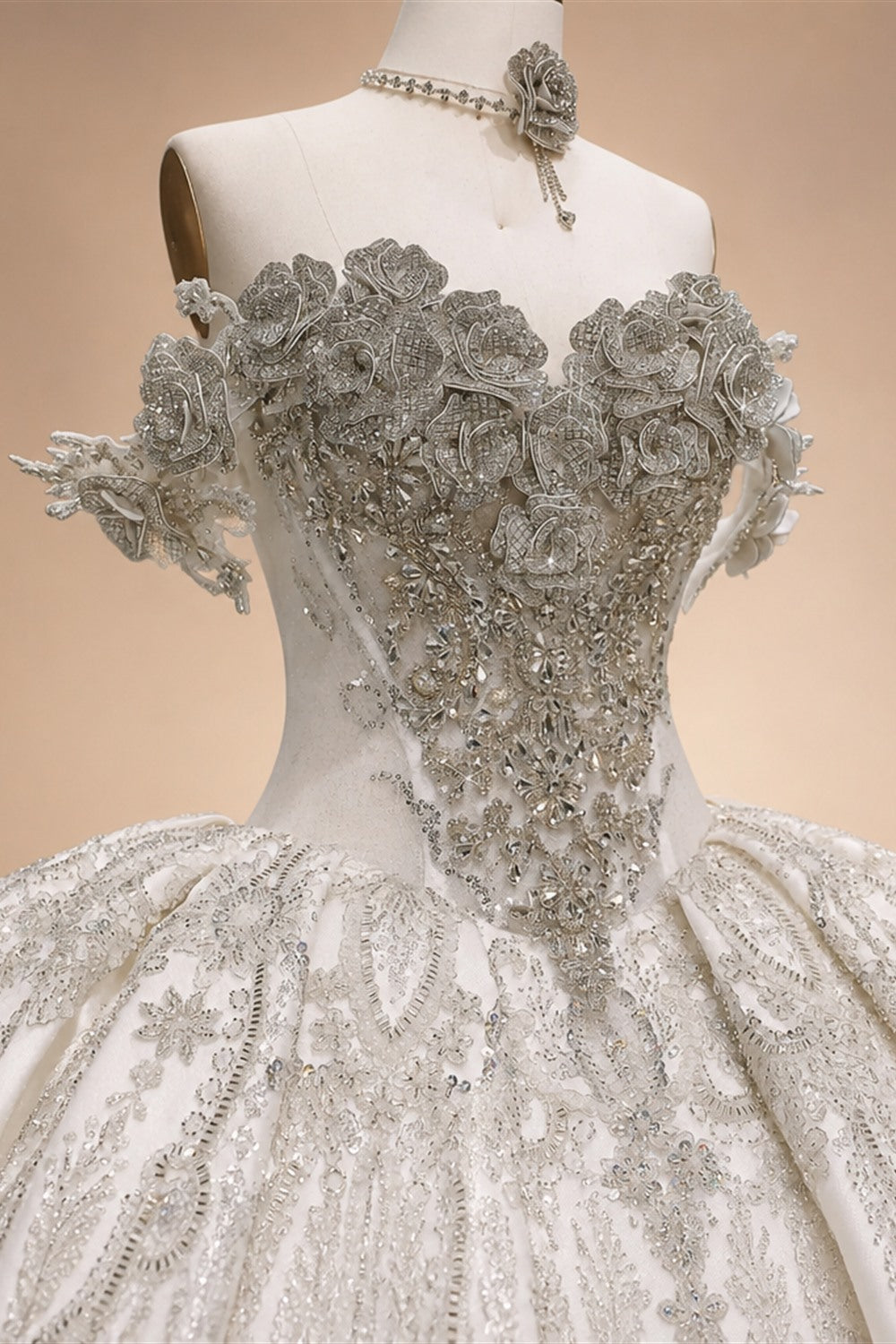 Ivory Luxury Satin Ball Gown with Silver Embroidery Wedding Dress ZP166