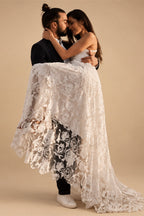 Charming Ivory Lace Floor Length V Neck Long Wedding Dresses on Line