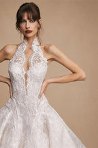 Luxury Ivory Halter Neck Lace Deep V Ball Gown Wedding Dress ZP146