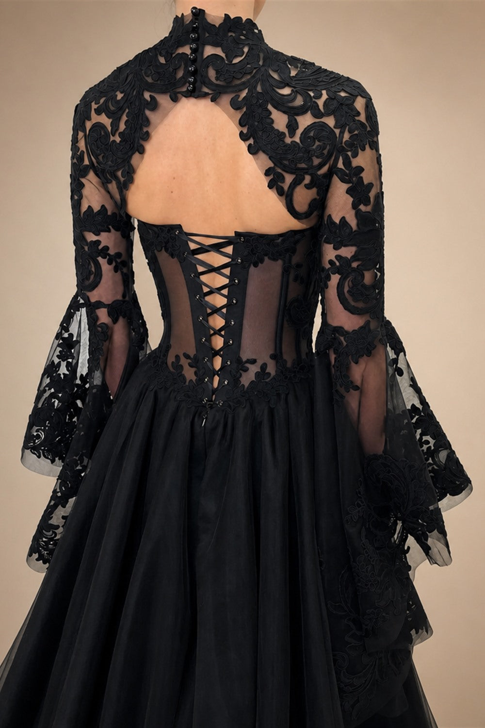Black Luxury Gothic  Wedding Dress Sheer Lace Ball Gown  ZP029