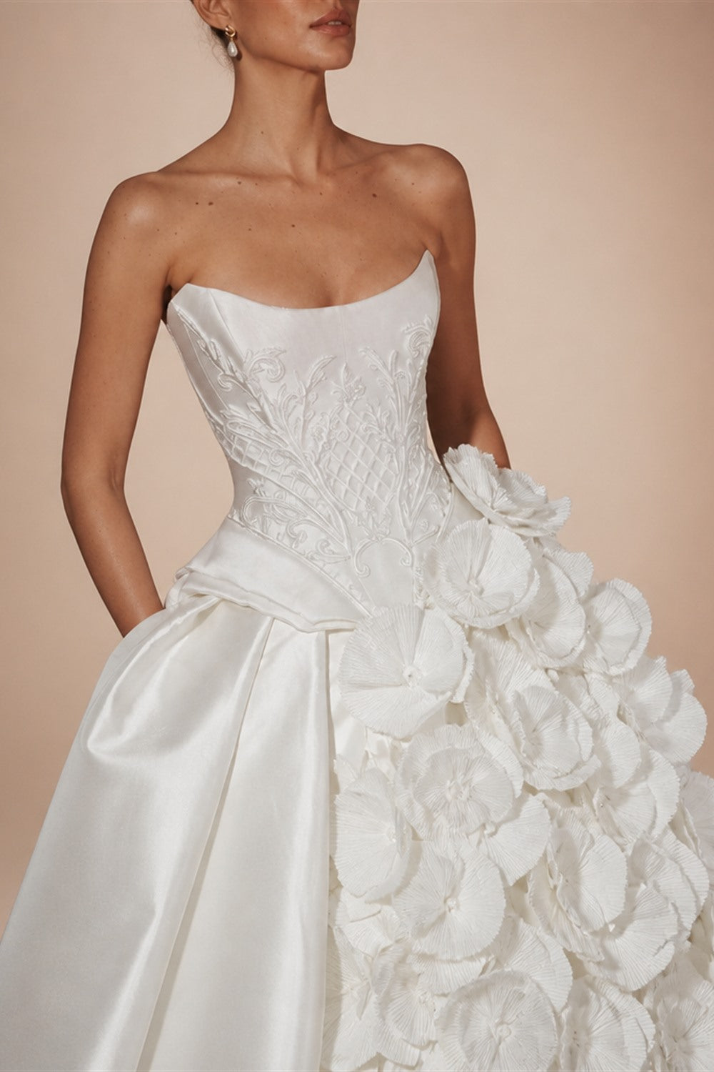 Luxury White Satin Strapless Beaded Ball Gown Train Wedding Dress ZP152