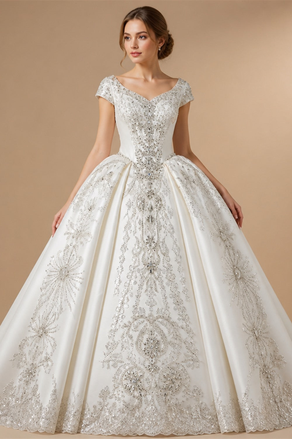 White Satin Strapless Ball Gown Wedding Dress with Luxurious Beaded Lace and Cathedral Train ZP016