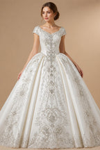 White Satin Strapless Ball Gown Wedding Dress with Luxurious Beaded Lace and Cathedral Train ZP016