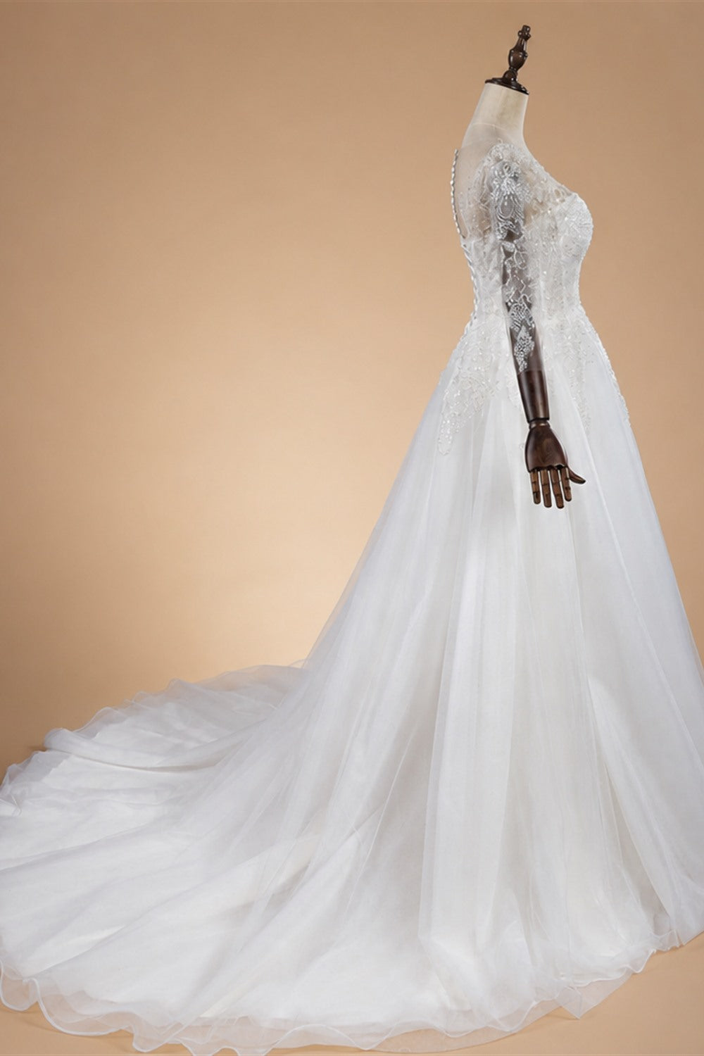Glamorous White Illusion Neck Lace & Tulle Wedding Dress with Cathedral Train ZP063
