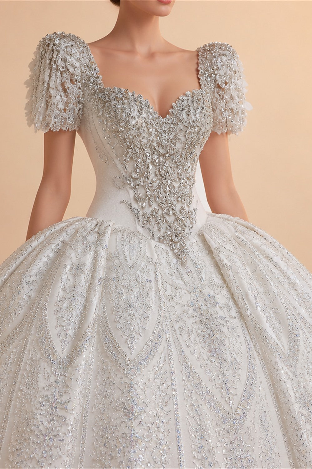 Ivory Luxury Satin Ball Gown with Silver Embroidery Wedding Dress ZP166