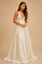 Luxury Spaghetti Strap V-Neck Lace Satin A-Line Wedding Dress with Veil ZP040