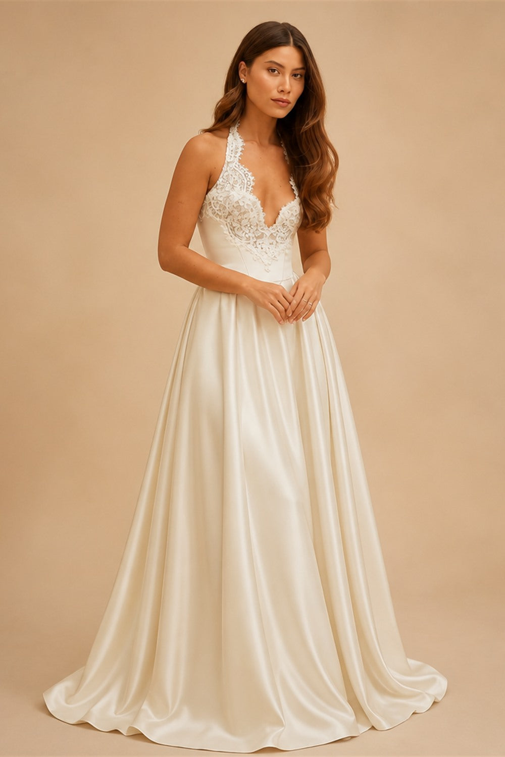 Luxury Spaghetti Strap V-Neck Lace Satin A-Line Wedding Dress with Veil ZP040