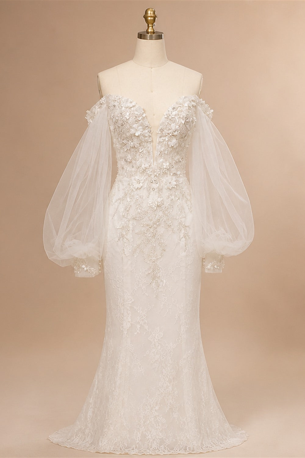 White  Off‑The‑Shoulder Puff Sleeve 3D Floral Mermaid Wedding Dress ZP005