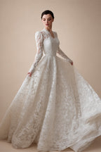 Elegant Printed Lace High Neck Wedding Dress with Train ZP171